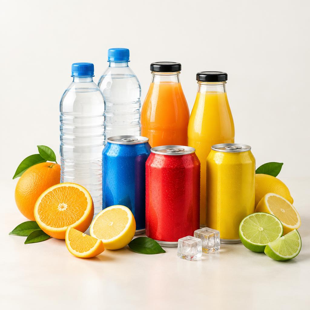 Illustrative assortment of bottled drinks and refreshments